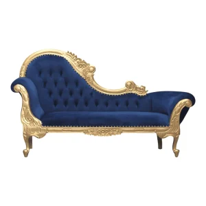 Elegant blue velvet and gold ornate sofa