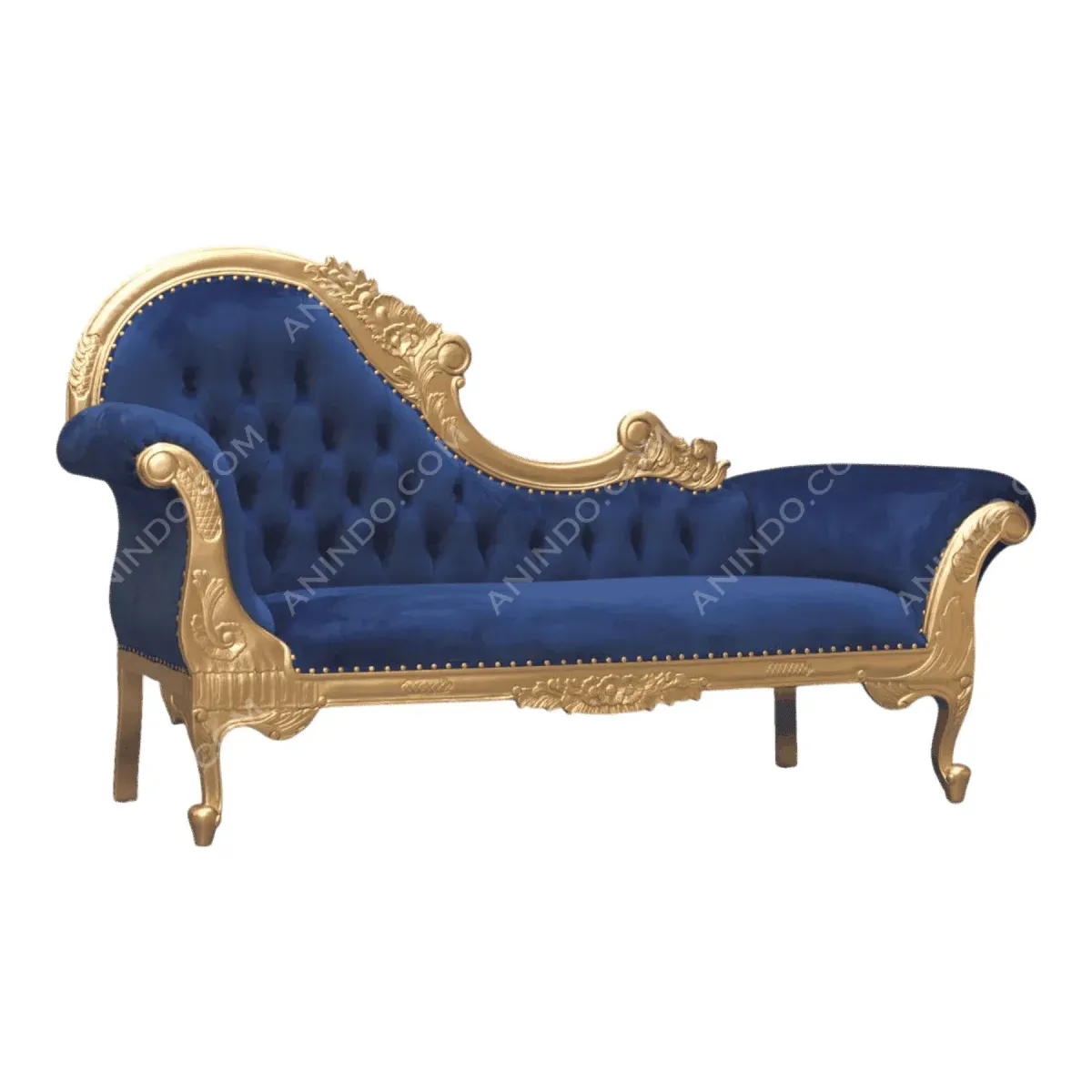Elegant blue velvet sofa with ornate gold frame