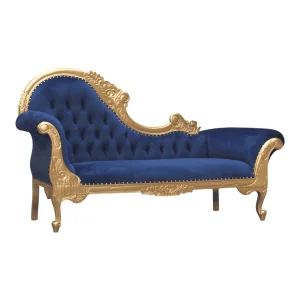 Elegant blue velvet sofa with ornate gold frame