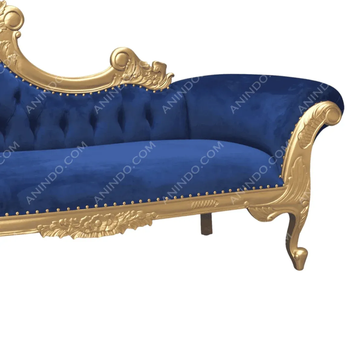 Elegant blue velvet sofa with gold accents