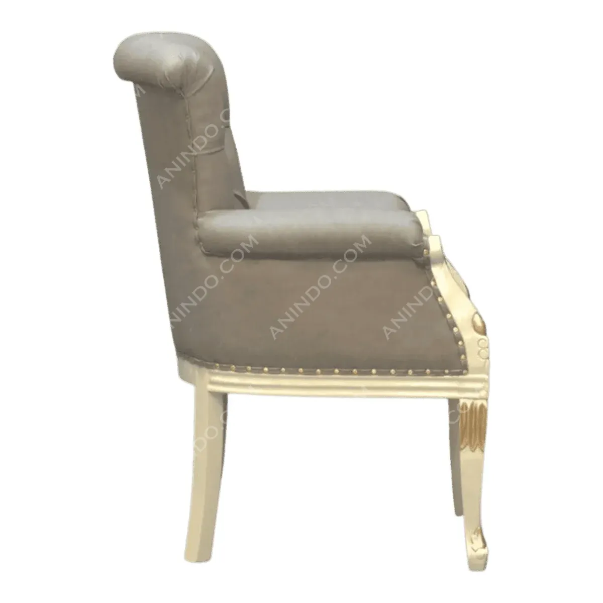 Elegant side view of a gray upholstered chair.