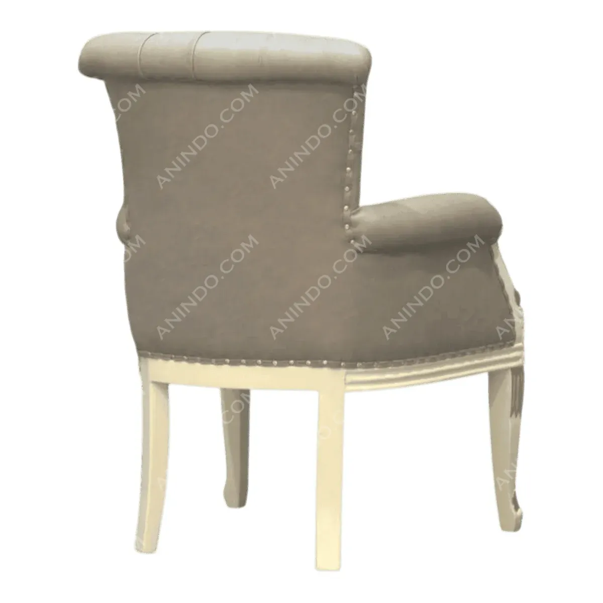 Elegant grey upholstered chair with decorative trim.