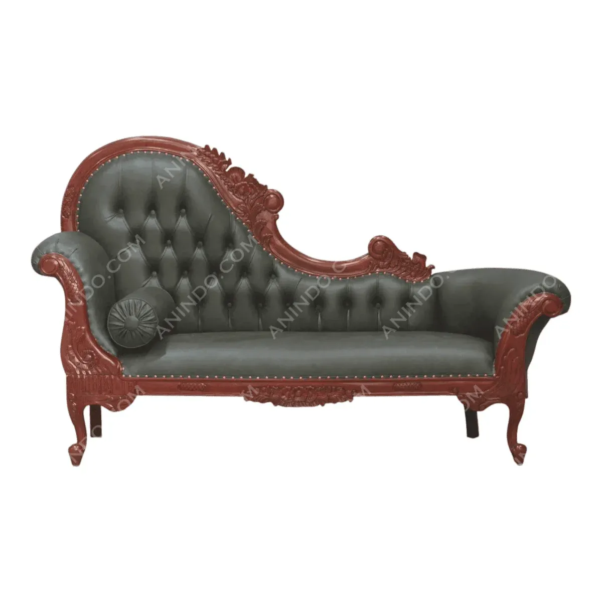Elegant tufted couch with ornate wood detailing