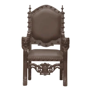 Ornate wooden throne chair with lion armrests.