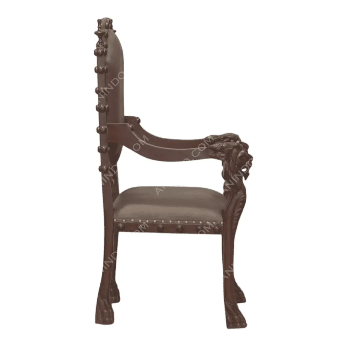 Elegant wooden armchair with lion-head details.