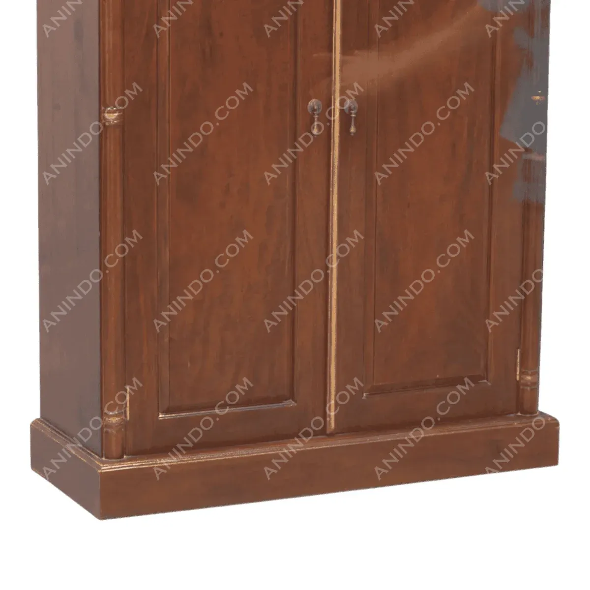 Wooden cabinet with double doors and elegant finish.