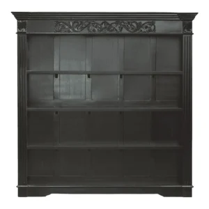 Black wooden bookshelf with decorative top