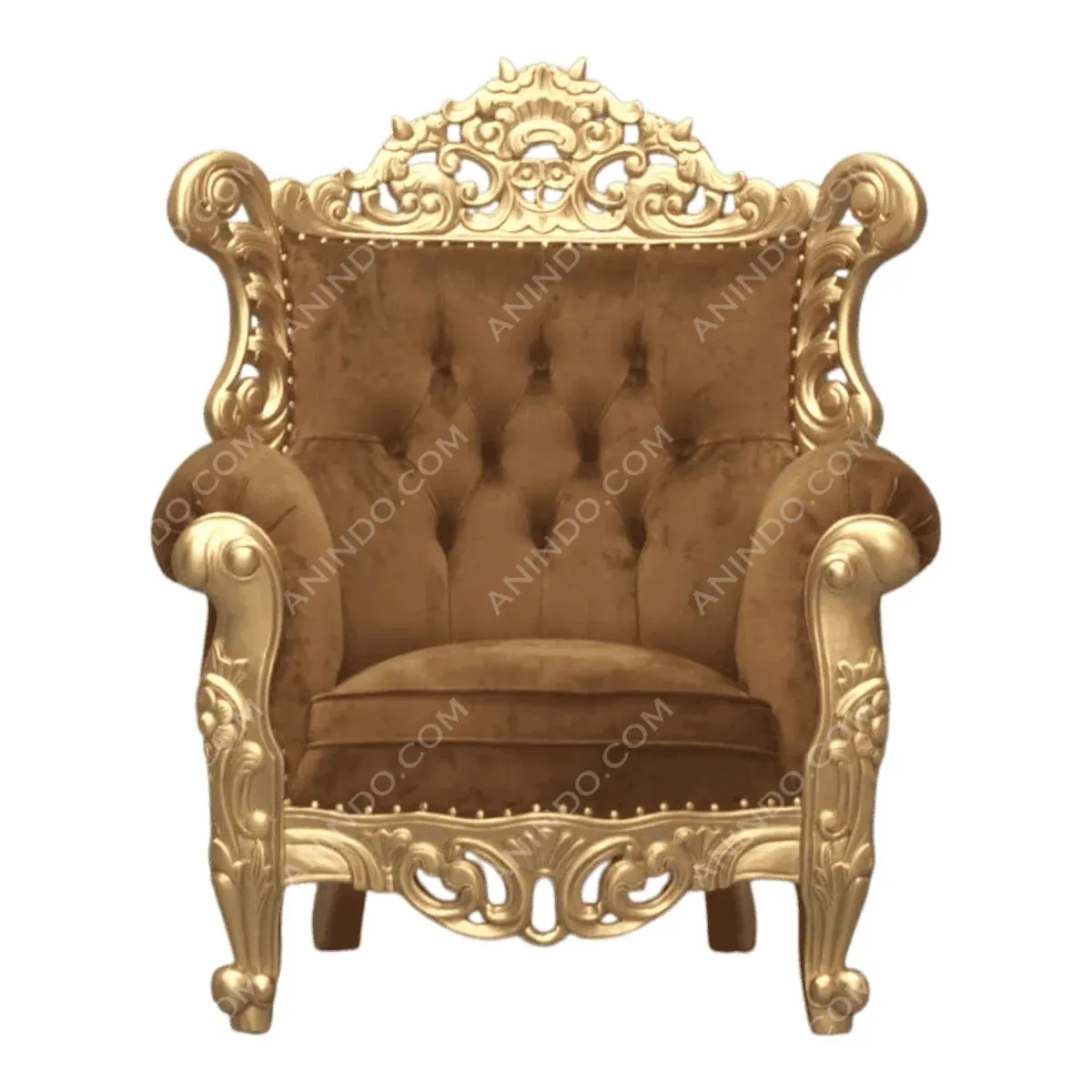Luxurious golden chair with tufted brown upholstery