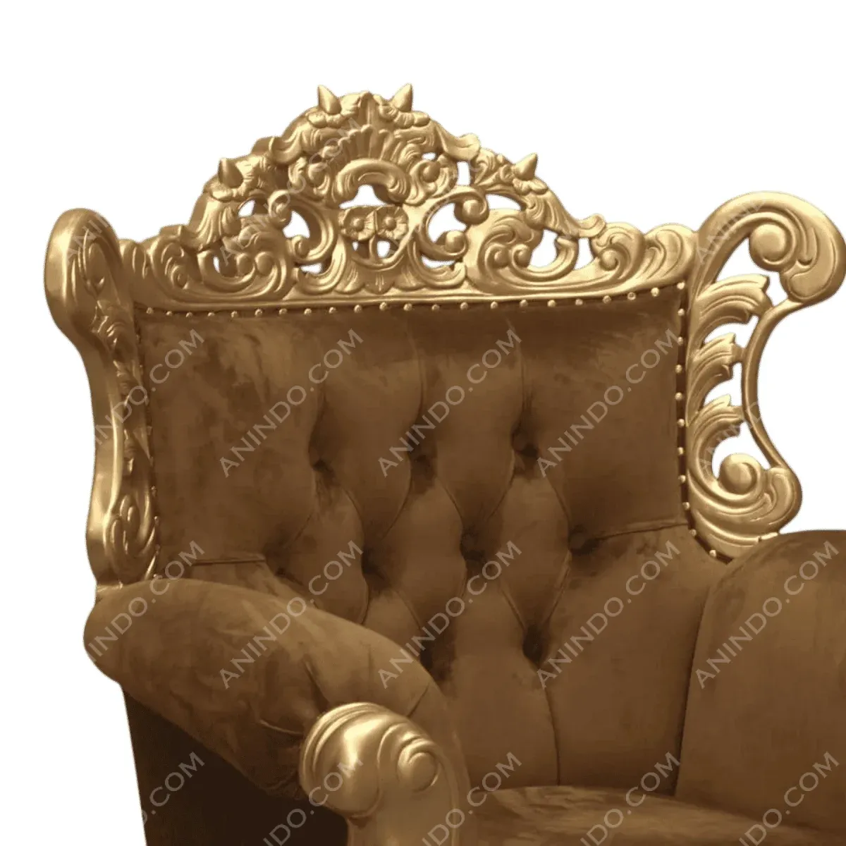 Luxurious golden tufted armchair with ornate detailing.