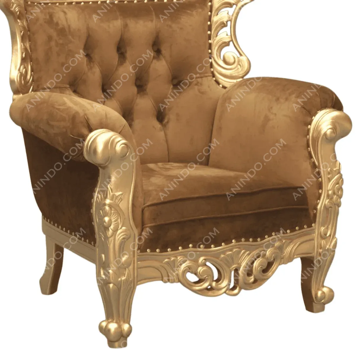 Luxurious brown velvet armchair with ornate gold details.