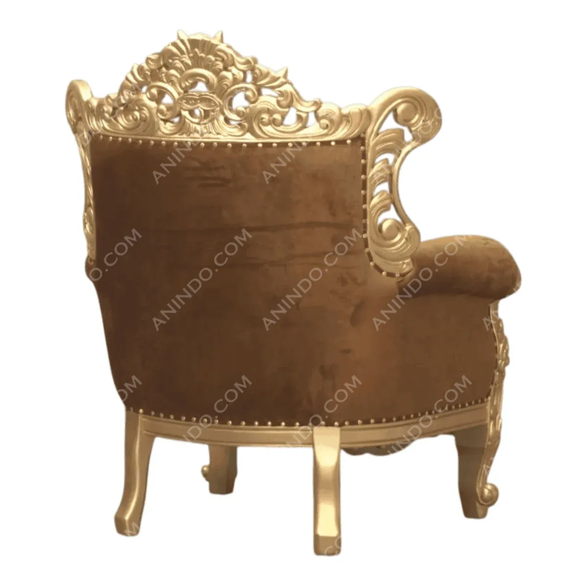 Elegant gold-accented plush brown chair from behind.