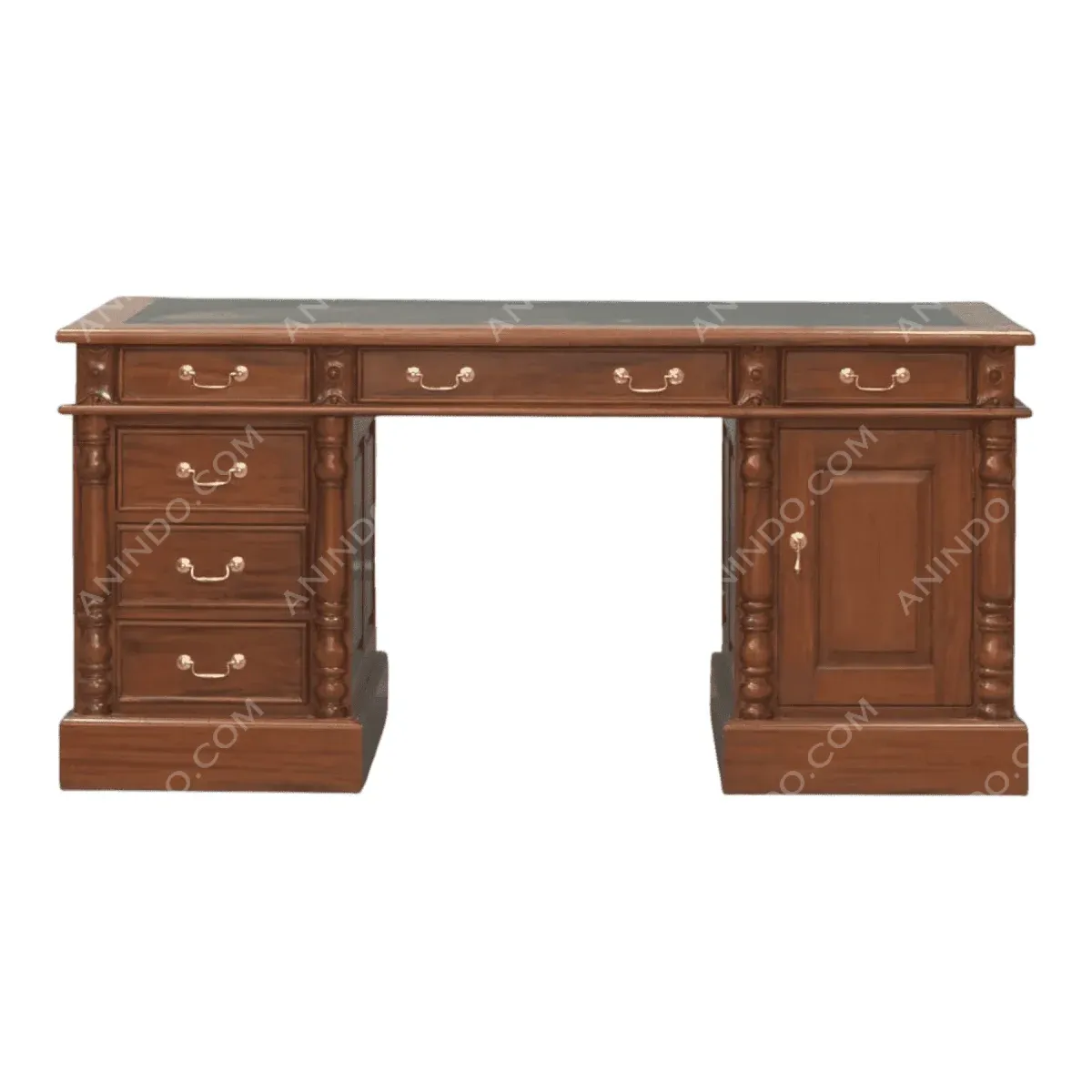 Elegant wooden desk with multiple storage drawers.