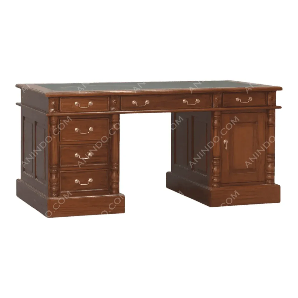 Classic wooden desk with multiple drawers.