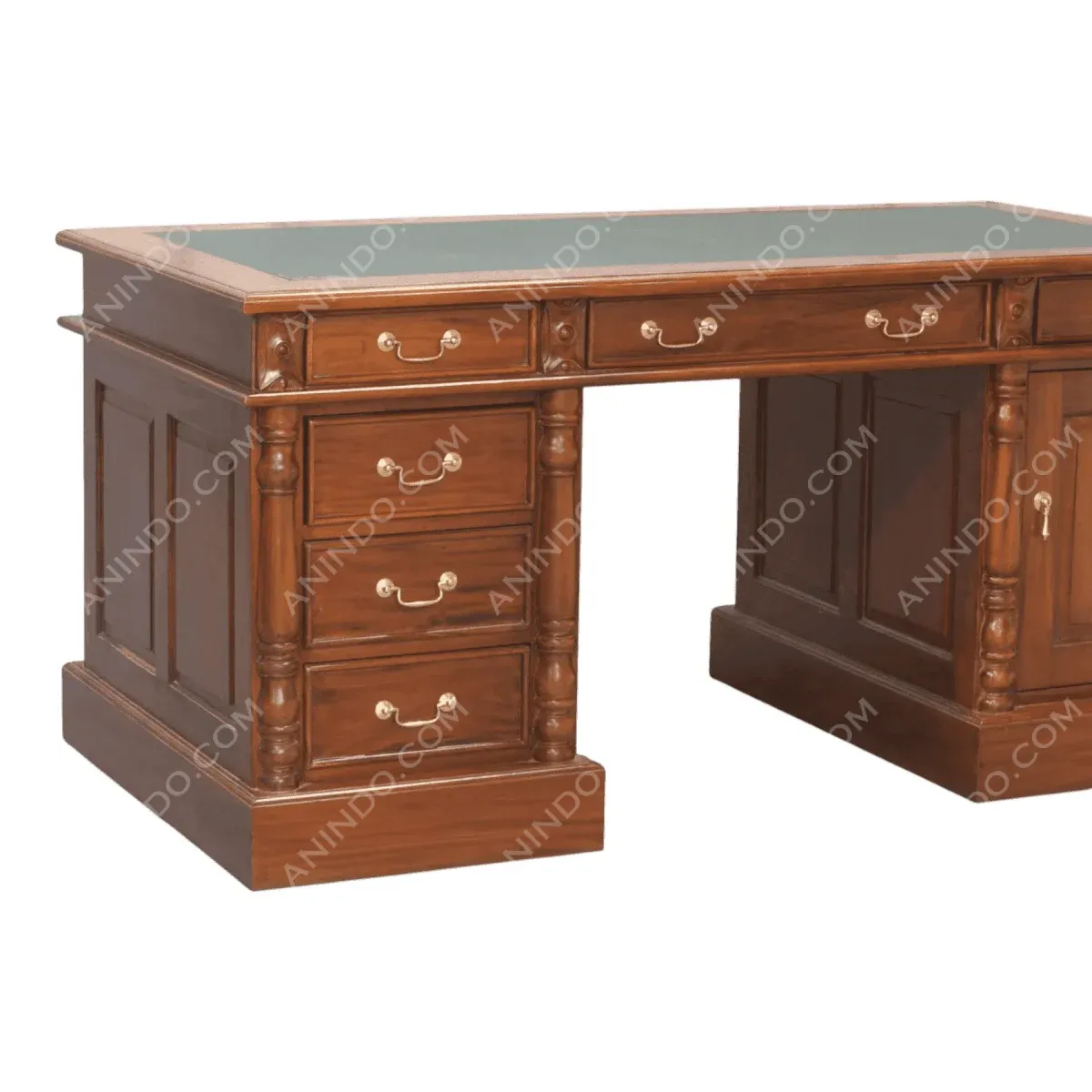 Elegant wooden desk with multiple drawers.