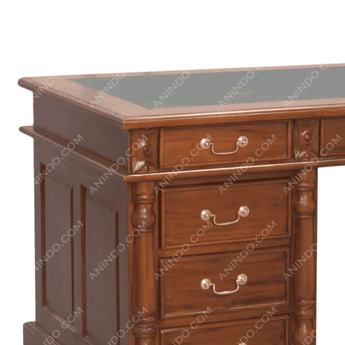 Wooden desk with multiple drawers and decorative design.