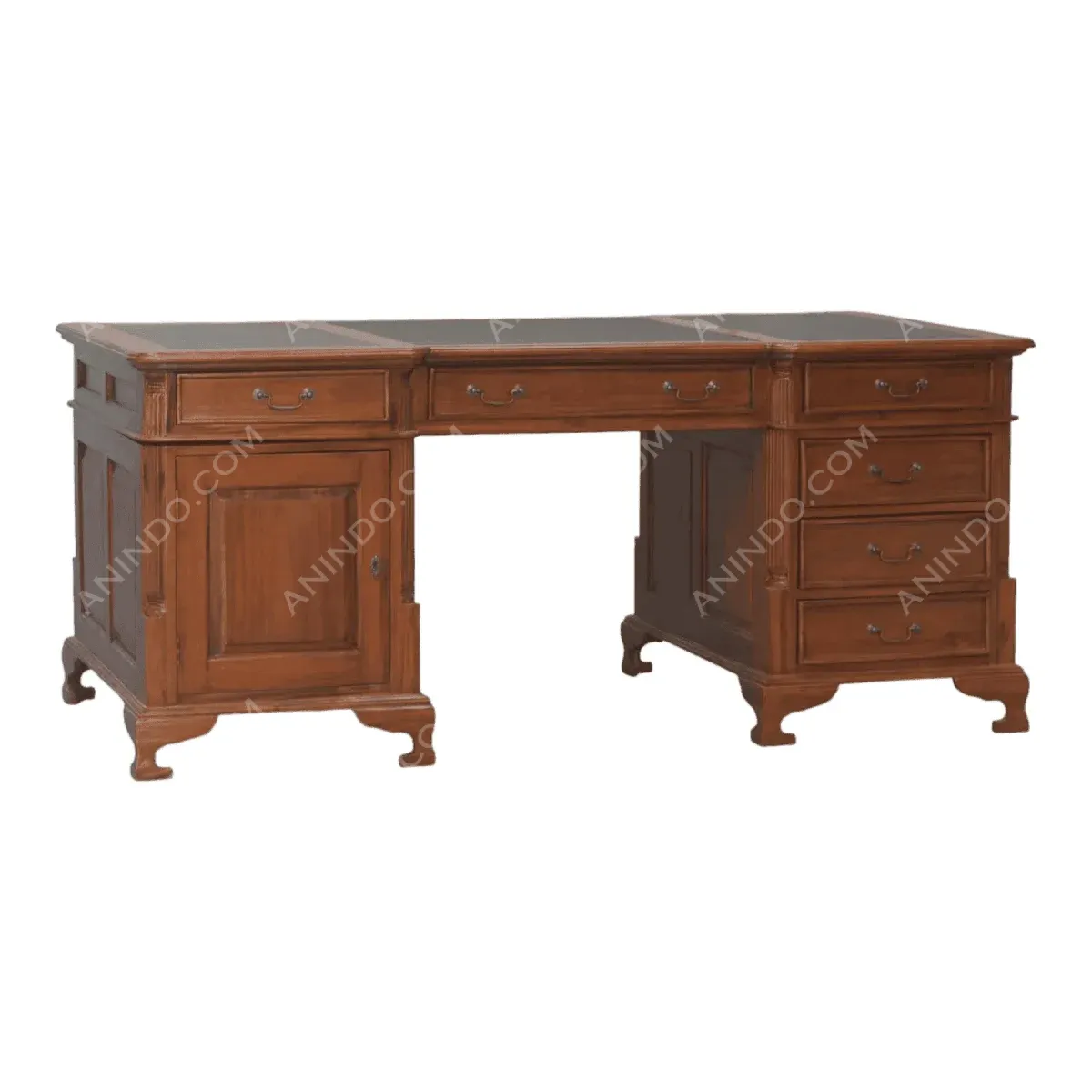Elegant wooden desk with multiple drawers.