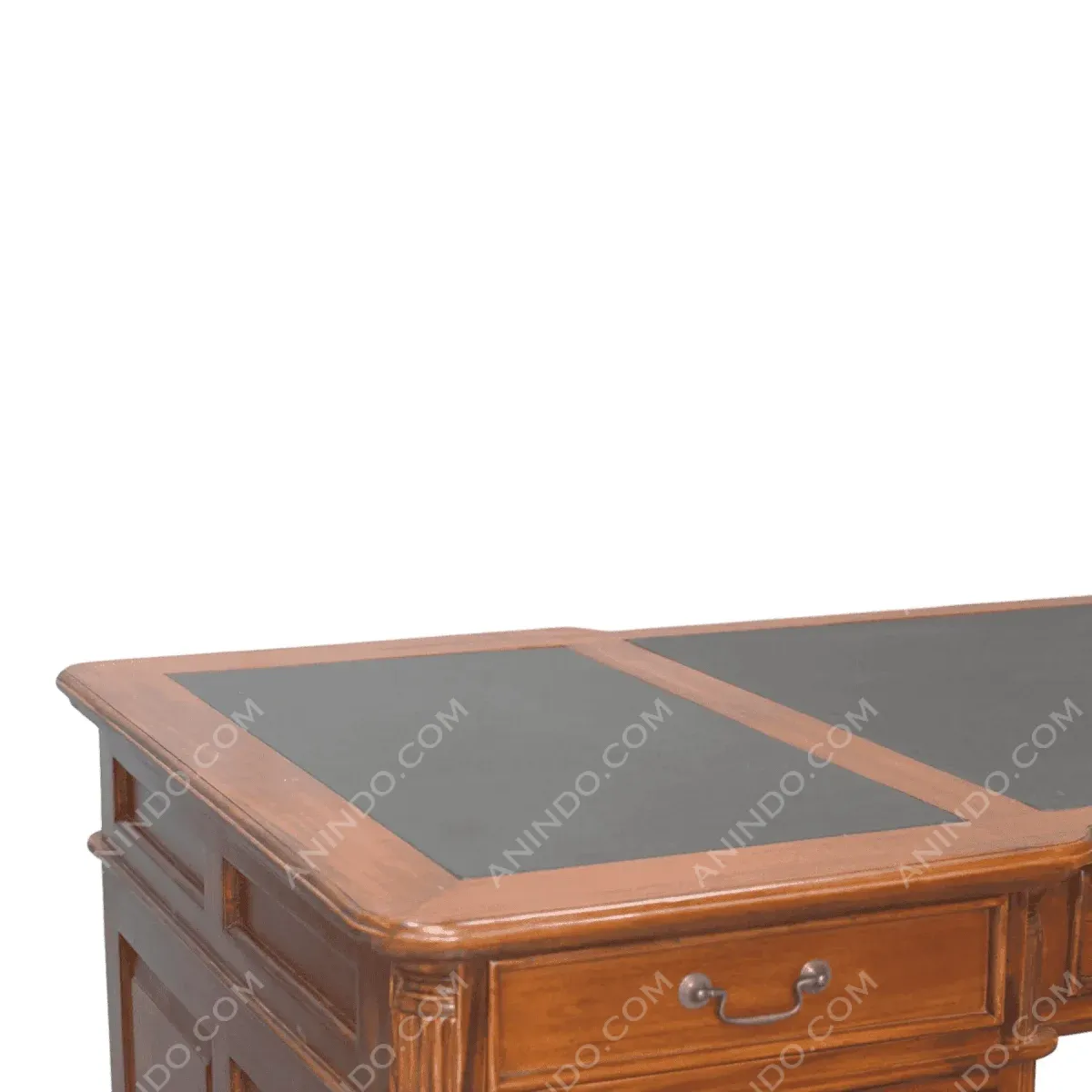 Wooden desk with dual black writing surfaces.