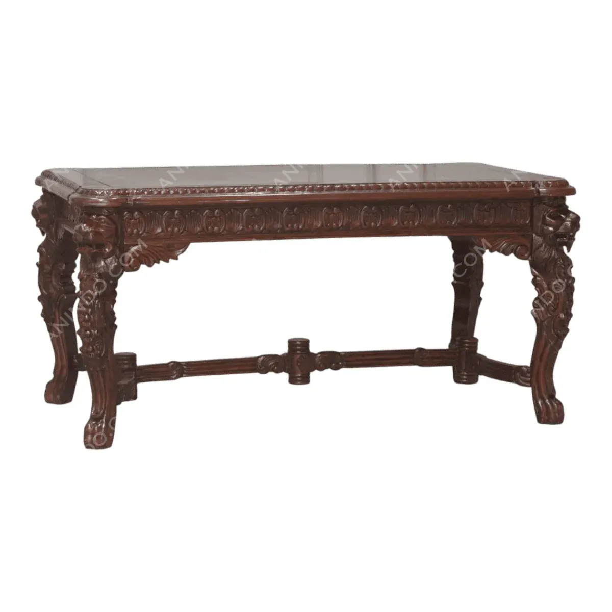 Elegant wooden coffee table with ornate carvings.