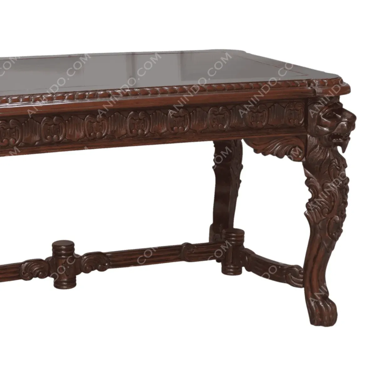 Ornate wooden coffee table with lion carvings