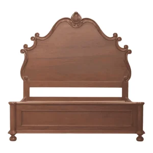 Elegant wooden bed with ornate headboard design.