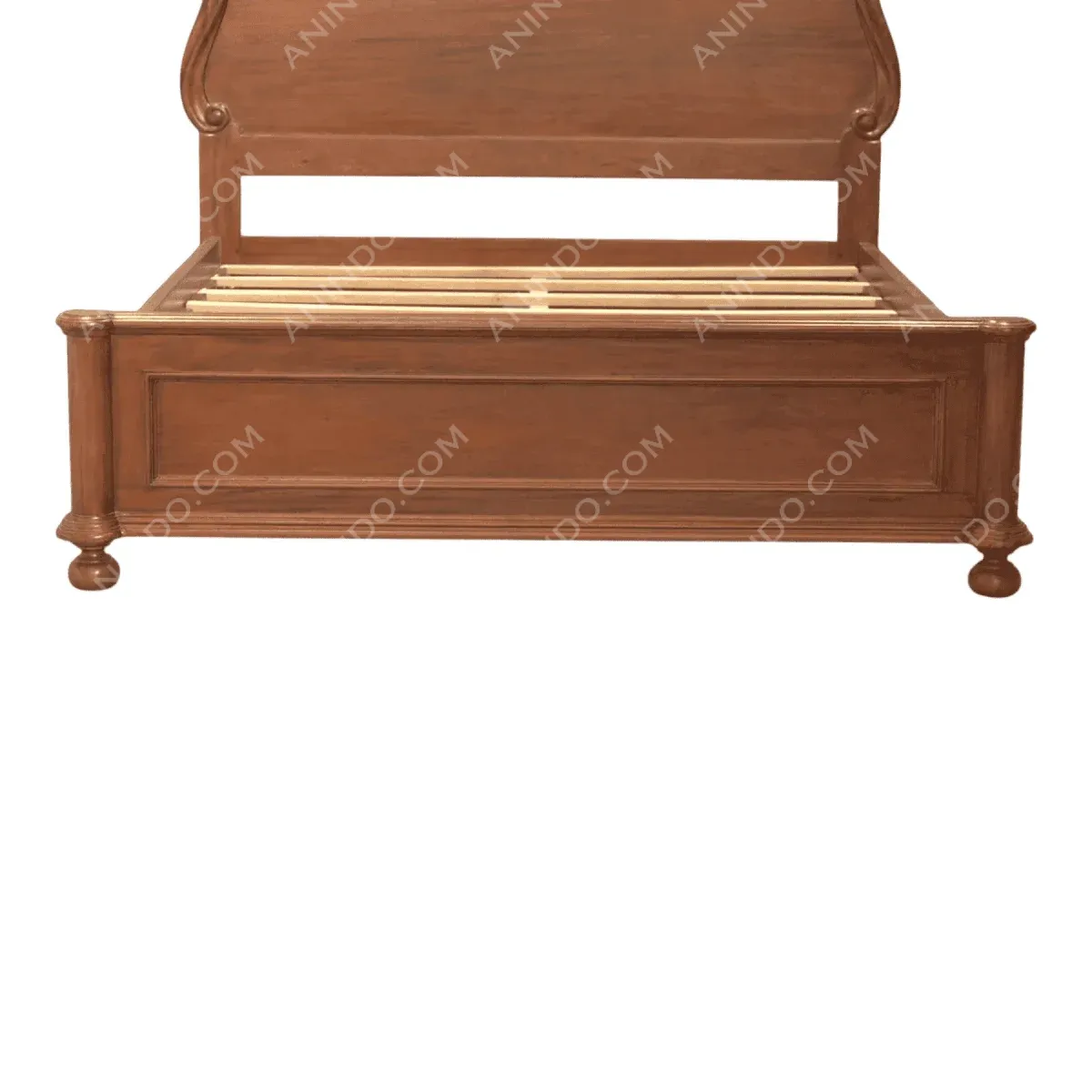 Wooden bed frame with slatted base.