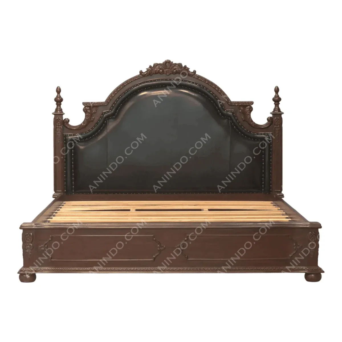 Elegant wooden bed frame with leather headboard.