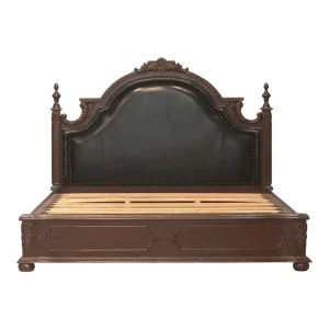 Elegant wooden bed frame with leather headboard.