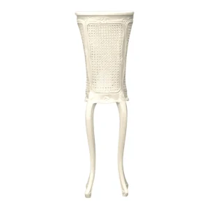 Elegant white decorative plant stand with intricate design.