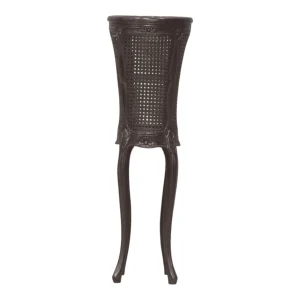 Elegant wooden plant stand with detailed design.