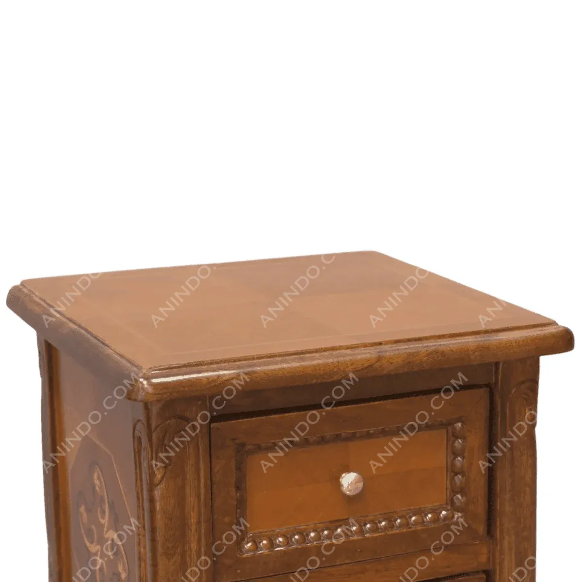Elegant wooden nightstand with decorative details.