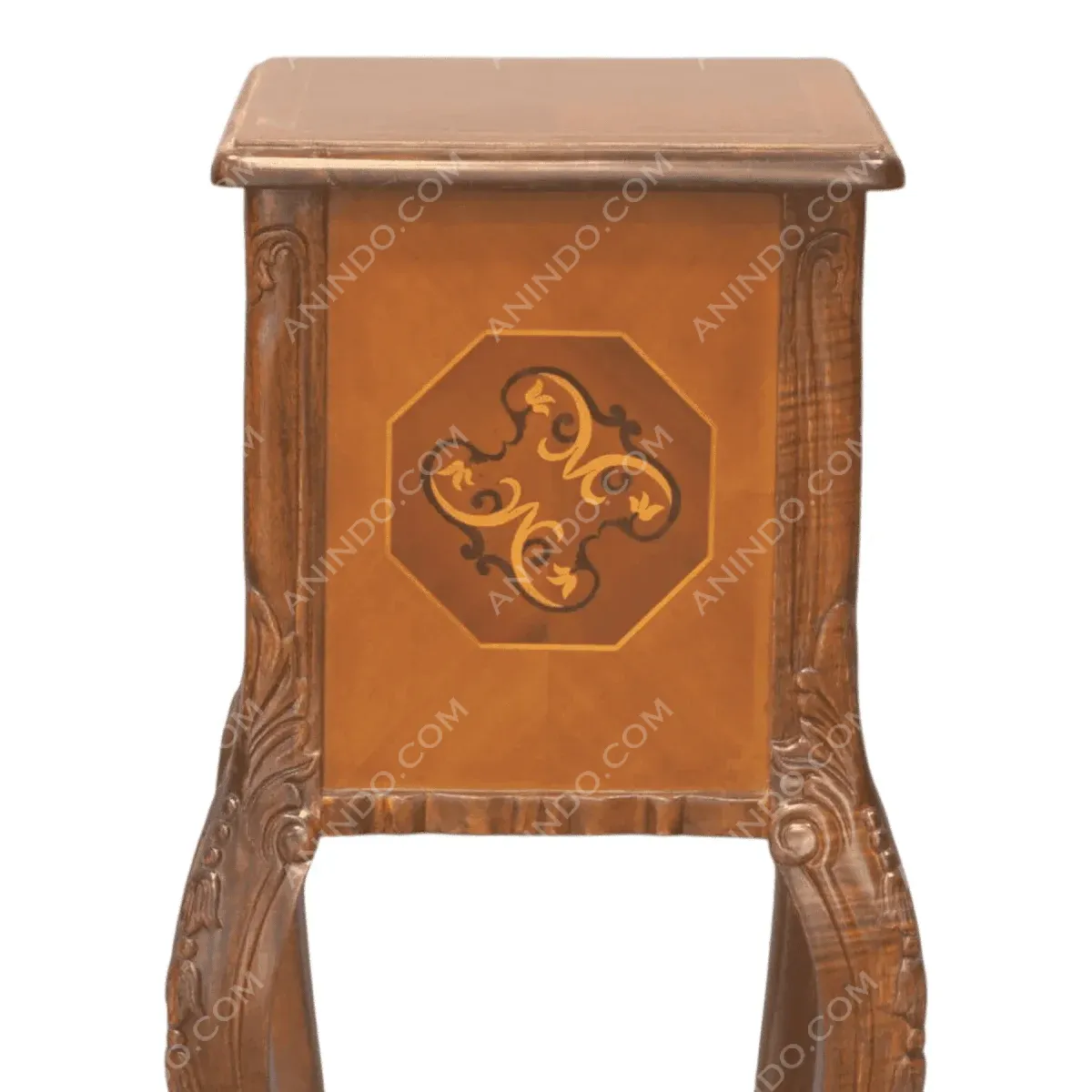 Ornate wooden table with decorative inlay design.