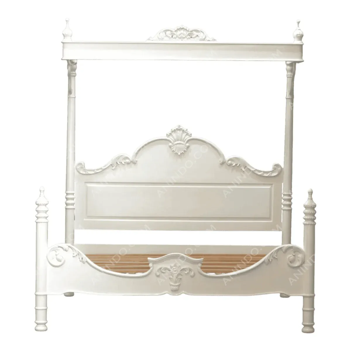 Elegant white four-poster bed with decorative details.