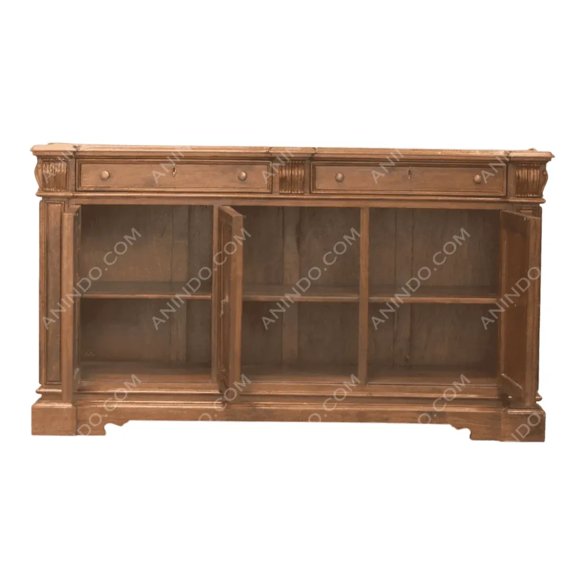 Wooden console cabinet with two drawers and shelves.
