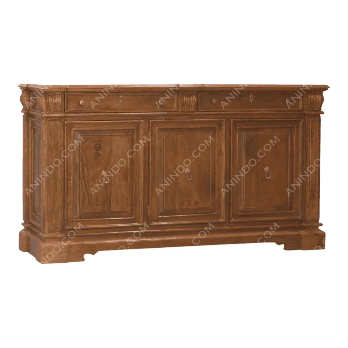 Wooden sideboard with three doors and drawers.