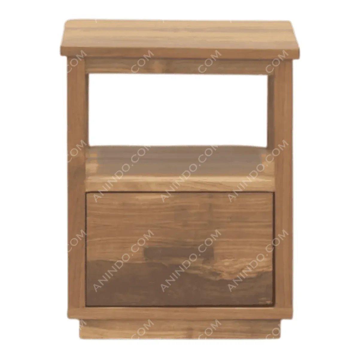 Wooden nightstand with drawer and open shelf.