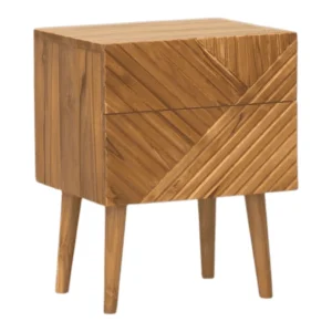 Stylish wooden nightstand with diagonal patterns.