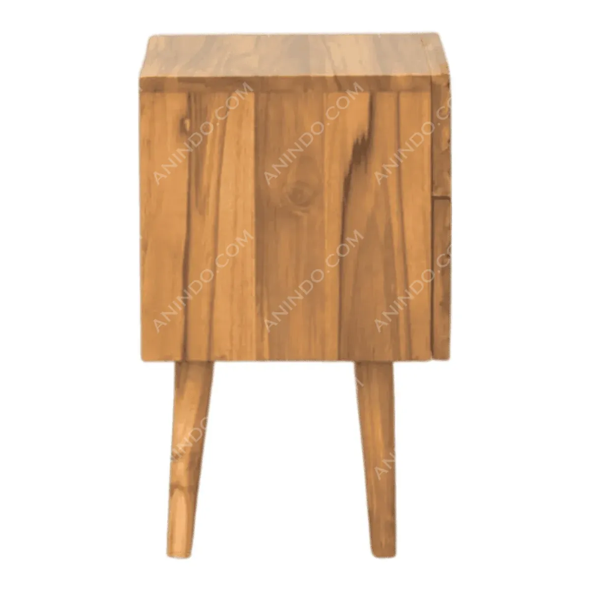 Wooden side table with legs and a door.