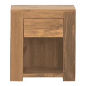 Modern wooden nightstand with drawer and open shelf.