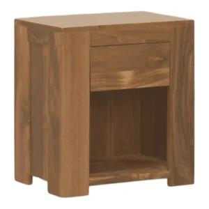 Wooden nightstand with drawer and open shelf.