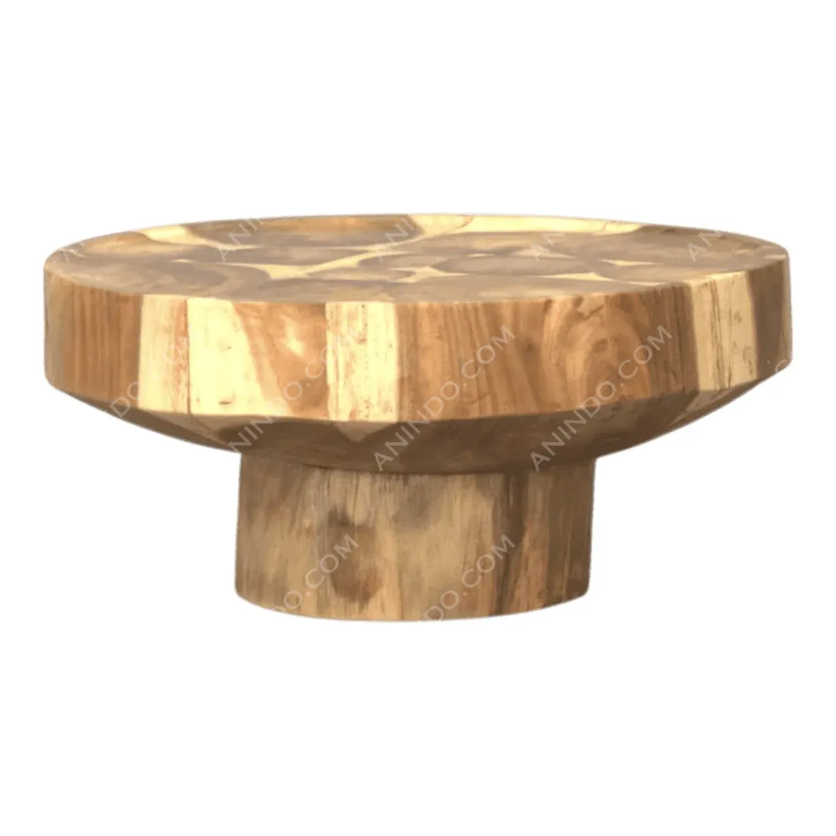 Round wooden table with a unique pedestal design.