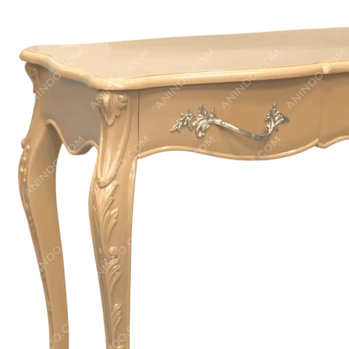 Elegant cream-colored console table with ornate legs.