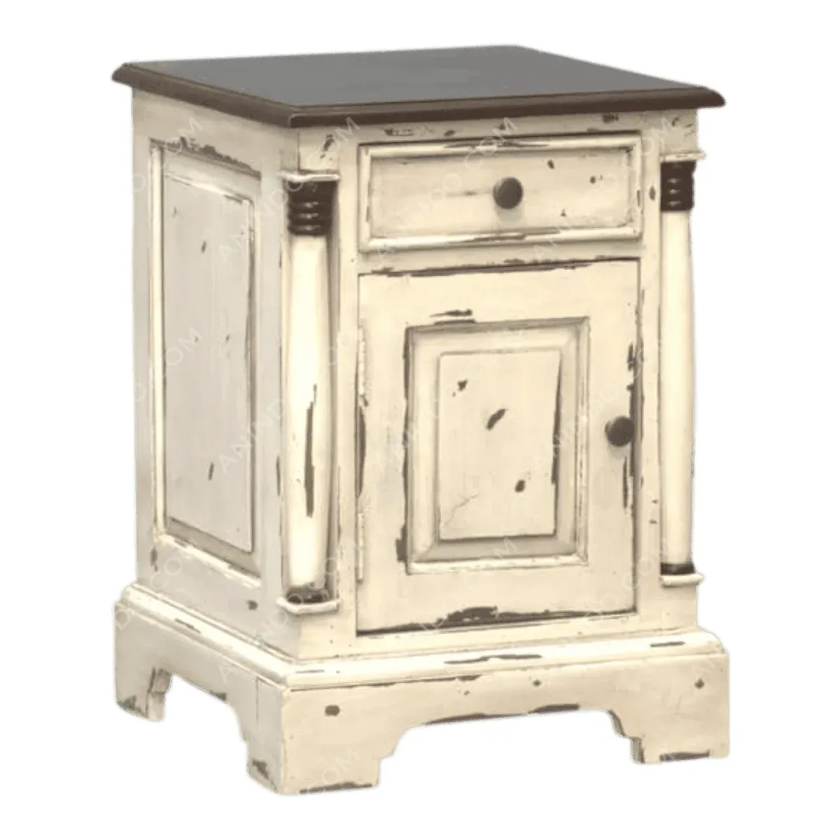 Vintage white nightstand with drawer and cabinet.