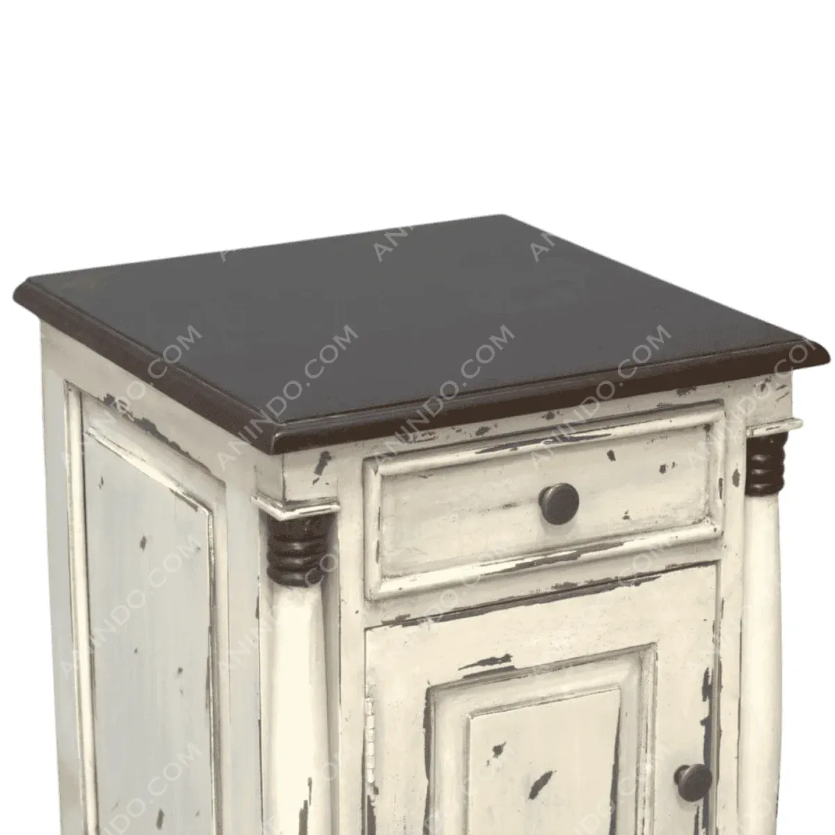 Vintage side table with distressed white finish.