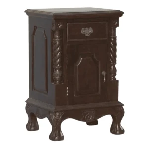 Dark wooden nightstand with ornate leg design