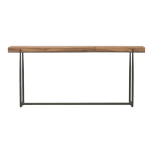 Wooden console table with metal legs.