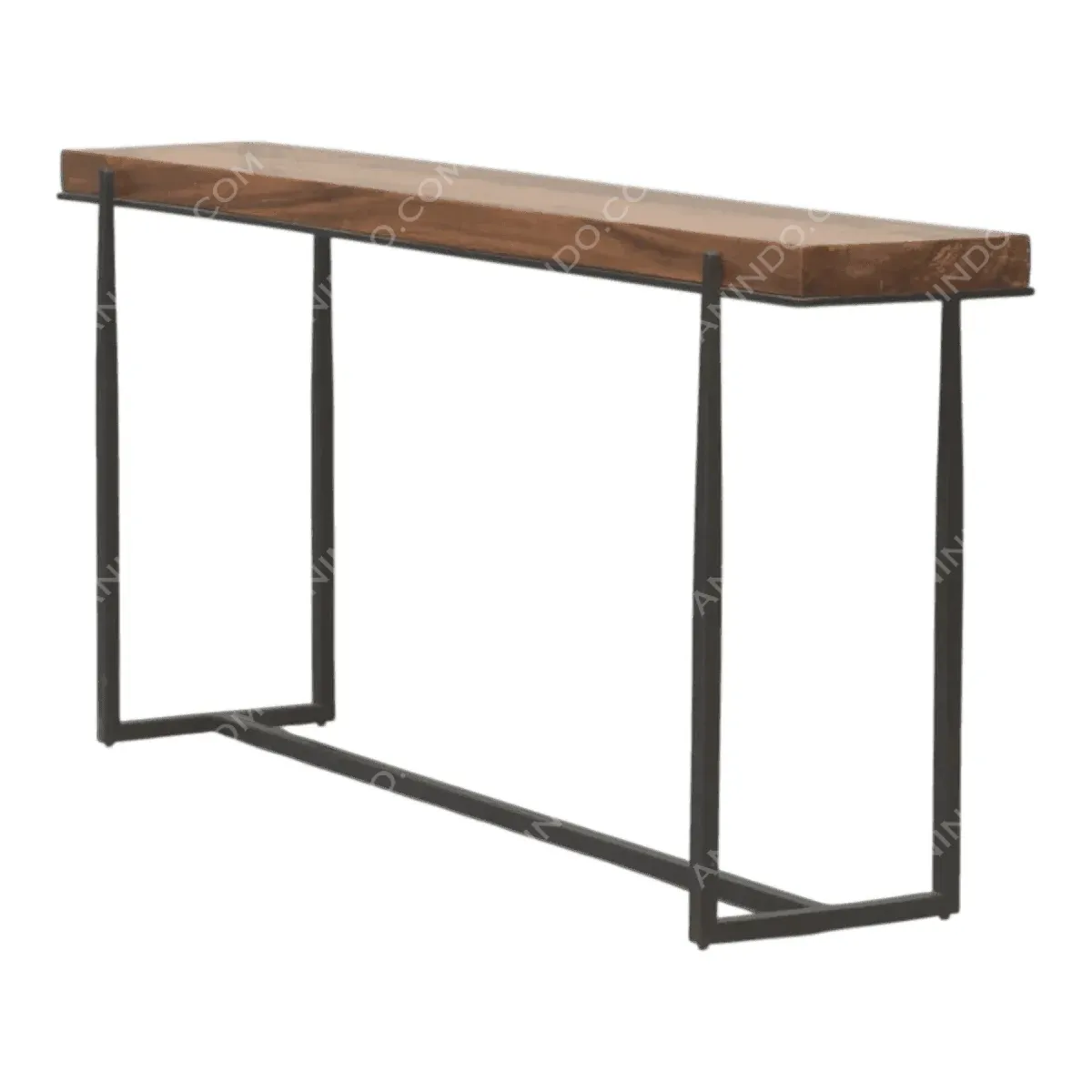 Modern console table with wooden top and metal frame.