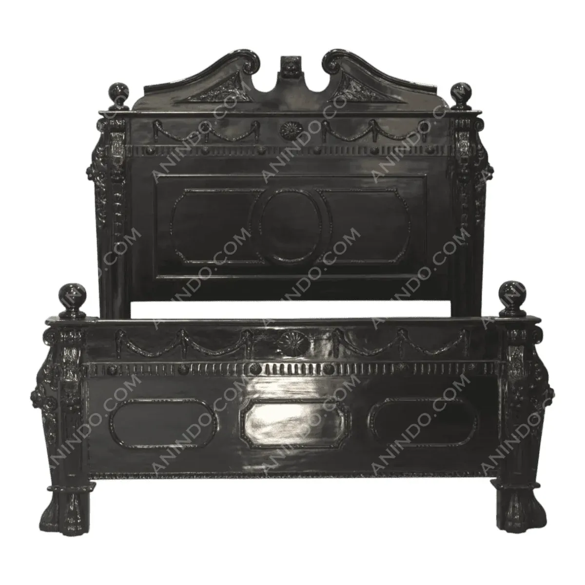 Elegant black antique bed frame with decorative details.