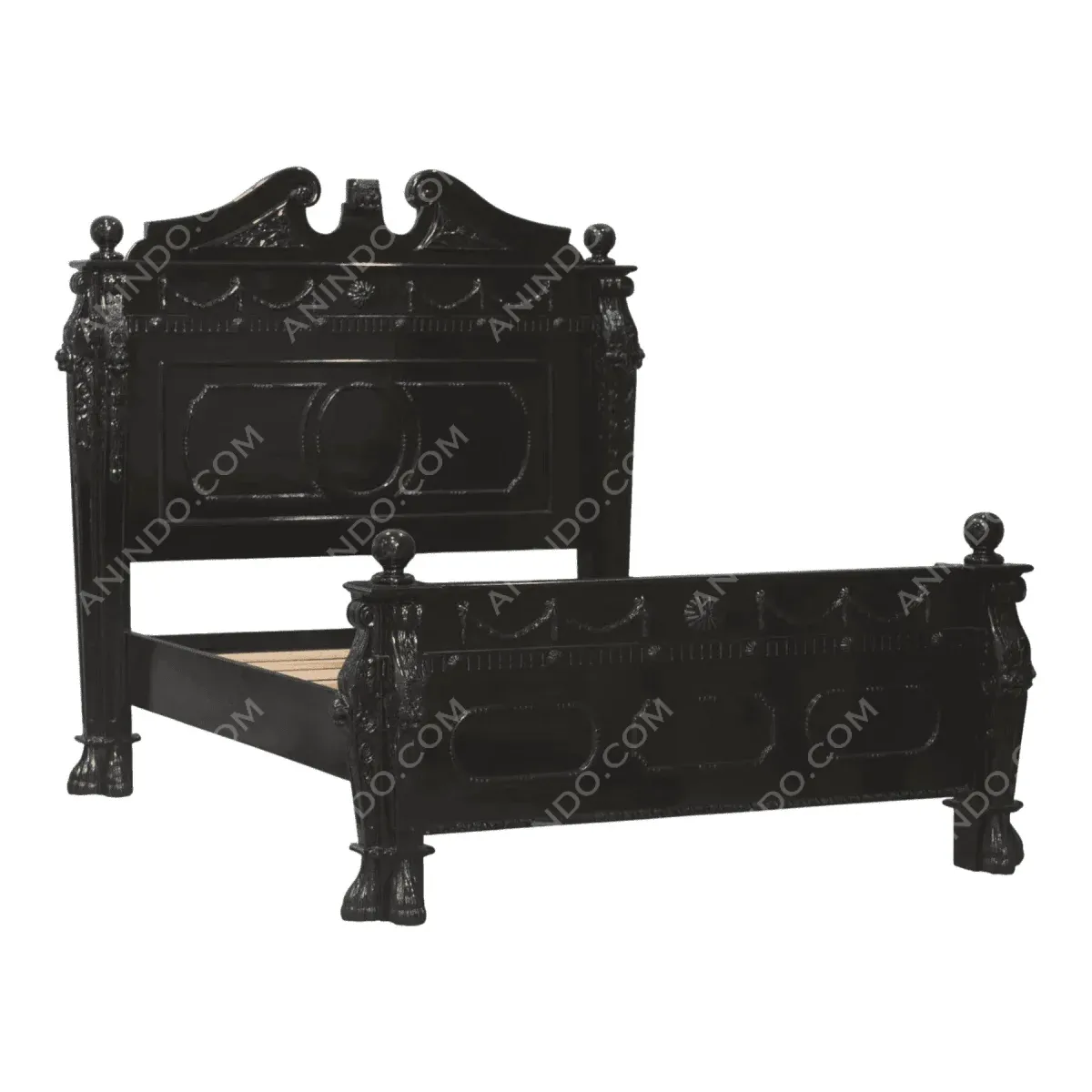 Elegant black wooden bed with ornate details.