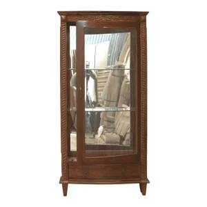Elegant wooden display cabinet with glass doors.