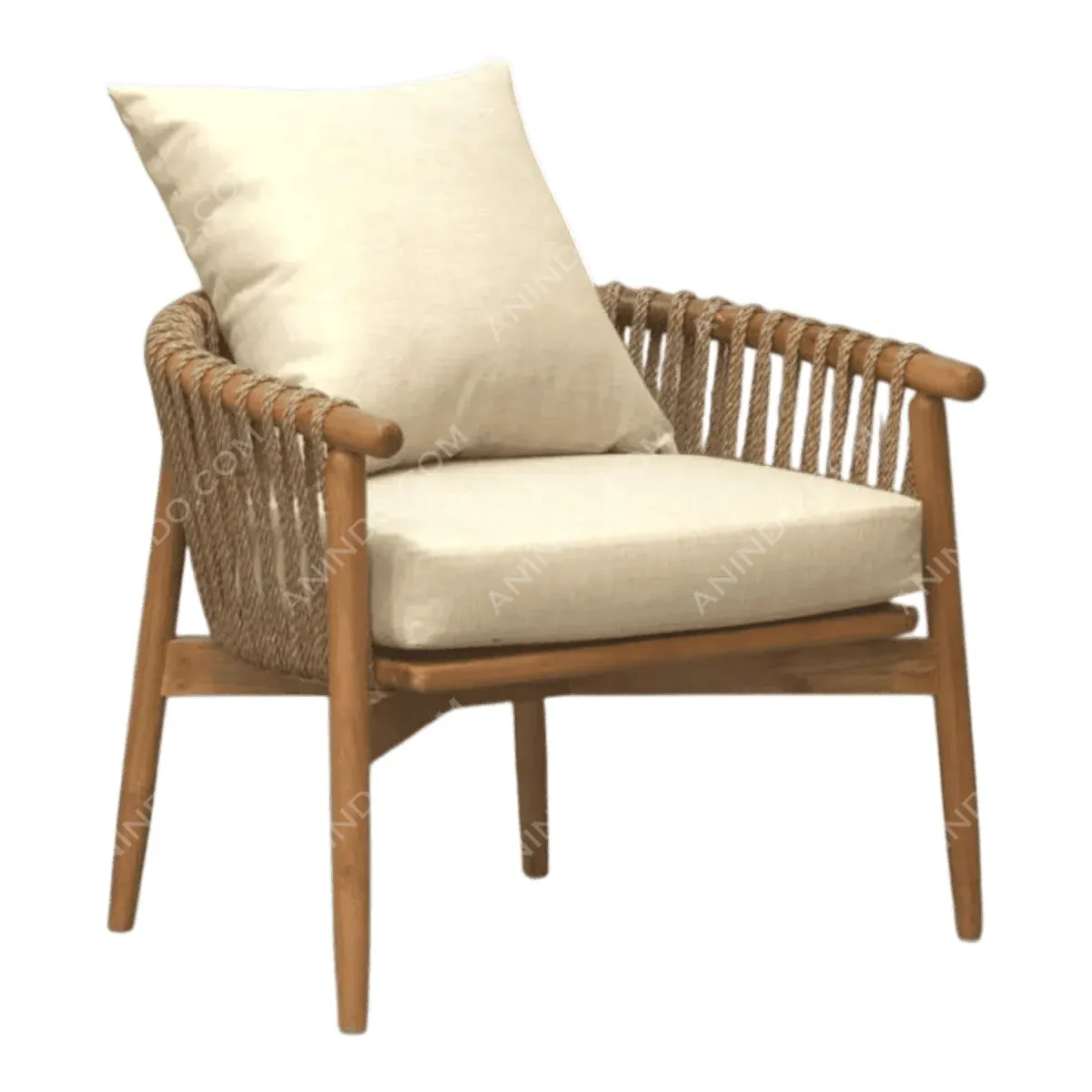 Modern chair with woven back and cushion.